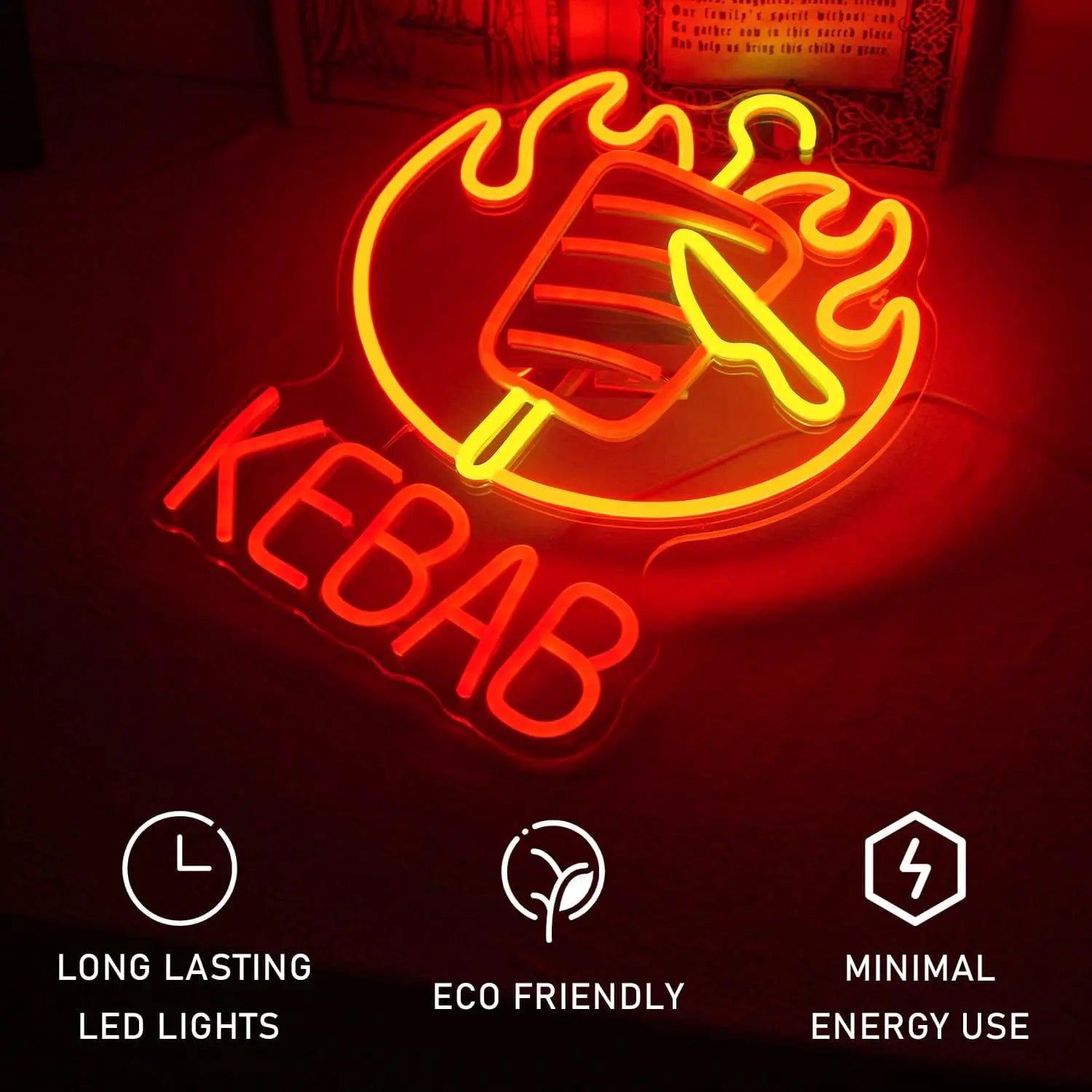 Enseigne au néon LED KEBAB avec flammes et couteau pour restaurant kebab, bar, décoration intérieure, fête, enseigne publicitaire unique