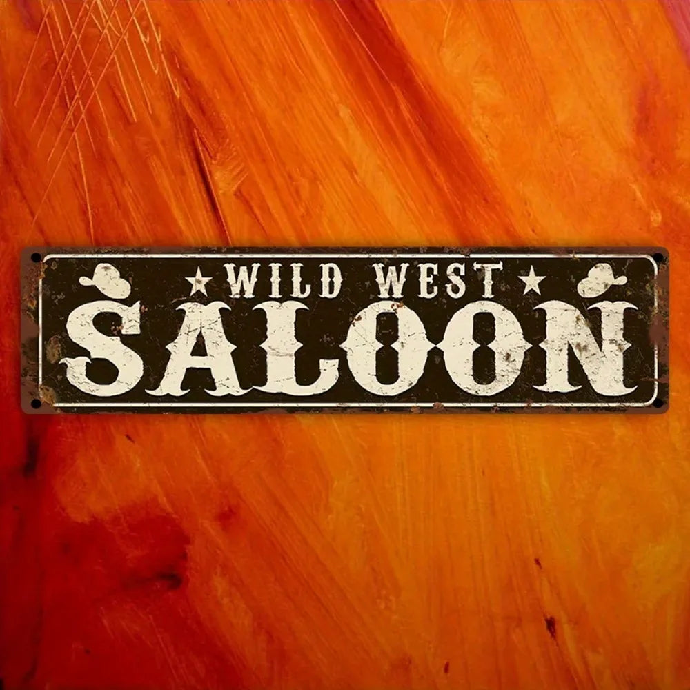 Letrero de metal vintage "Wild West Saloon" - 40x10 cm, decoración rústica de estrellas de vaquero, arte de bar para interiores y exteriores