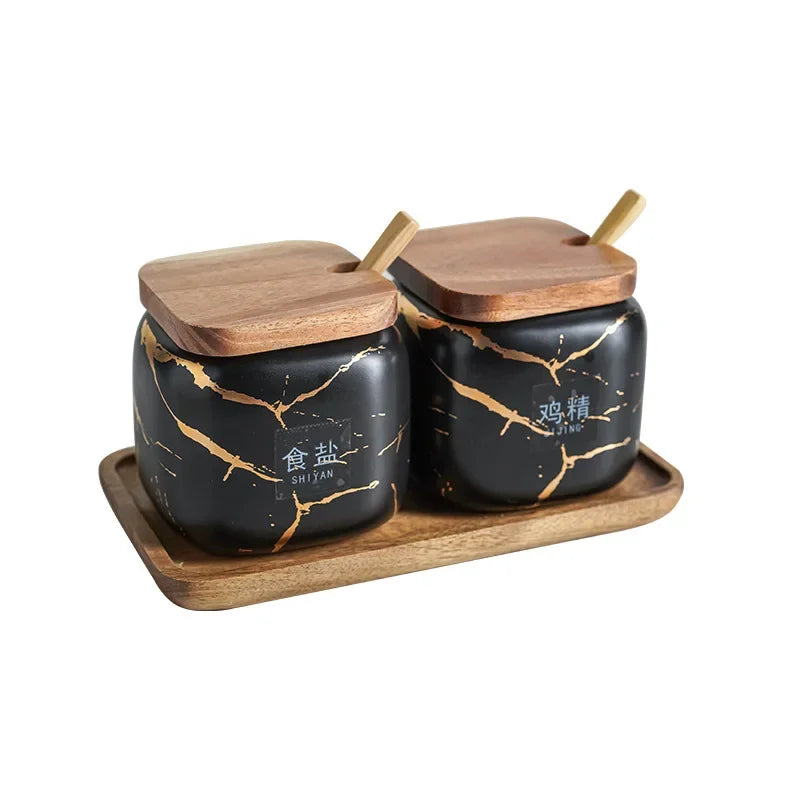 Japanese Kitchen Frosted Seasoning Pot Set Two Pack Marble Ceramic Household Combined Seasoning Box Salt Sugar Seasoning Bottle
