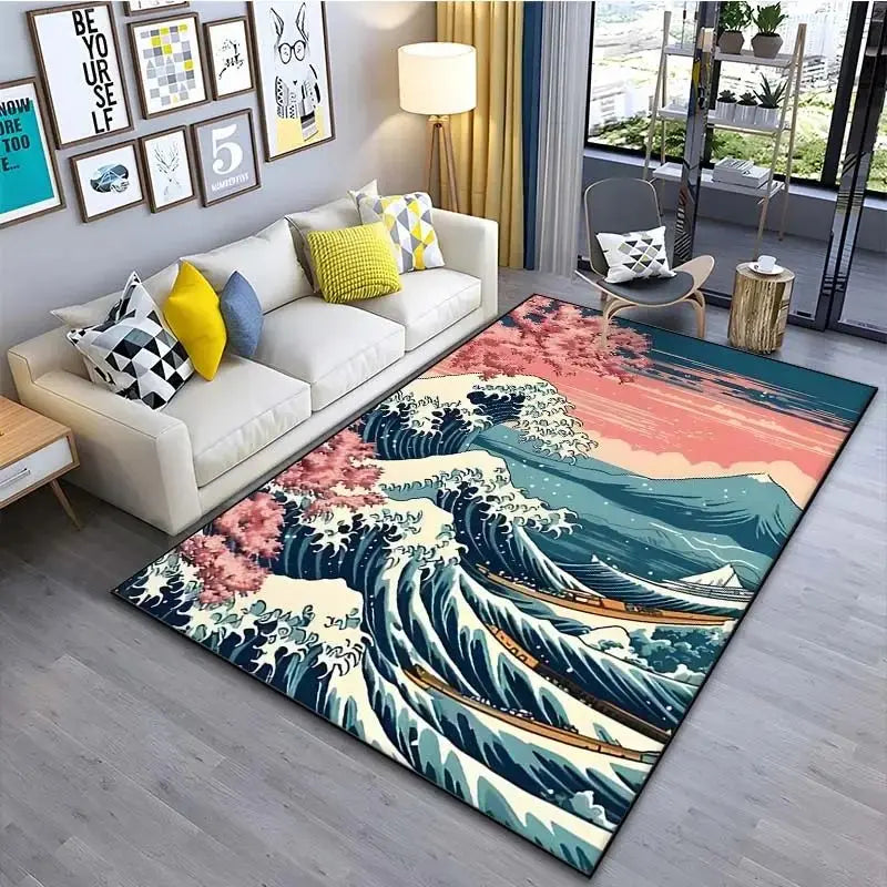 VIKAMA Alfombra de estilo japonés Ukiyo-e para vestíbulo, alfombrilla para balcón, cocina, sala de estar, dormitorio con motivo de la Gran Ola de Kanagawa