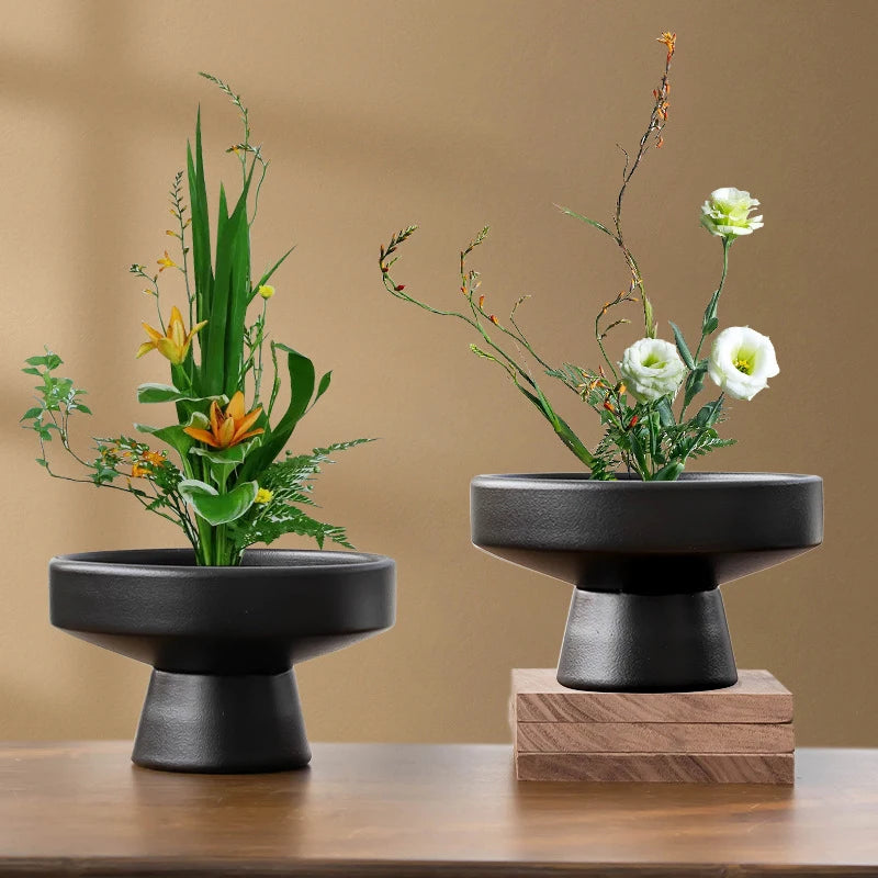 Vase en céramique rétro, pot de fleurs noir, ornement pour plantes de table, décoration de bonsaï pour la maison, accessoires floraux de table