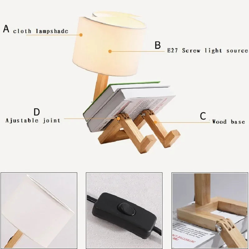 Lampe de table réglable en forme de robot E27 en bois et tissu, lampe de chevet pliable pour salon, bureau, livraison directe