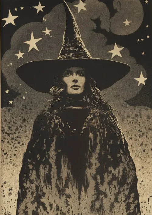 Estampa artística de bruja, bruja con luna llena, decoración de pared, pintura de brujas en la oscuridad, decoración de pared, póster de lienzo, decoración romántica oscura
