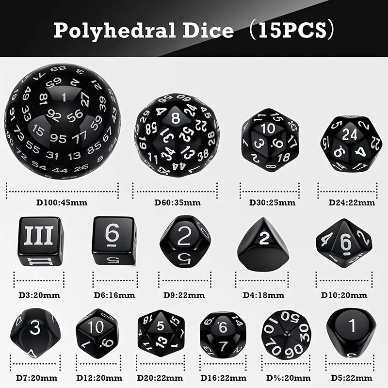 15 Dados poliédricos para juegos de mesa DND RPG Dungeons and Dragons D3 D4 D5 D6 D7 D8 D10 D% D12 D16 D20 D24 D30 D60 D100