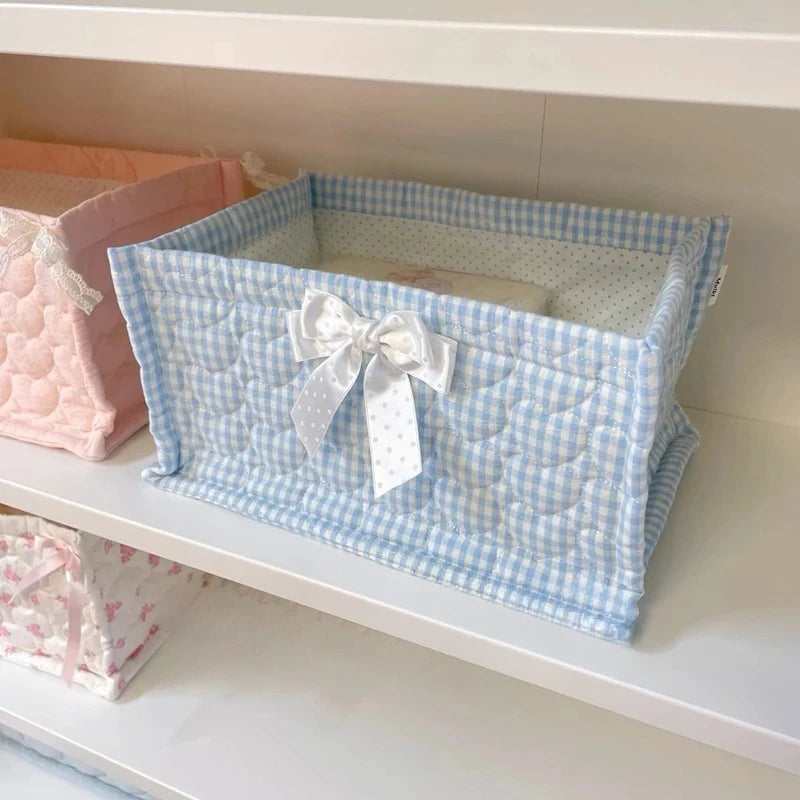 Cesta de almacenamiento cuadrada con encaje y flores, organizador de escritorio, cesta de almacenamiento acolchada coreana, bonita cesta de almacenamiento, decoración del hogar