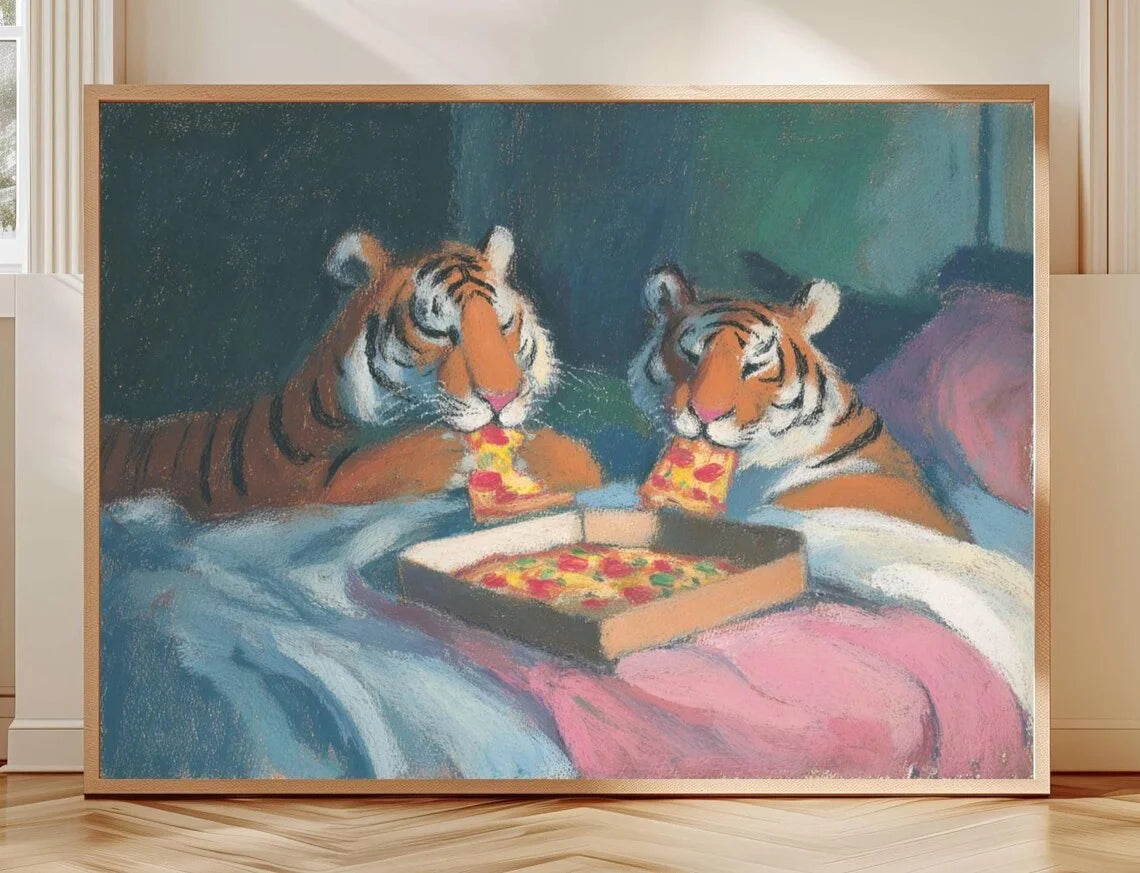 Cuadro de Arte de Pared Tigre Pizza: Arte de Pared Retro Decoración Dopamina, Impresión de Arte de Creatividad, Impresión Grande para el Hogar