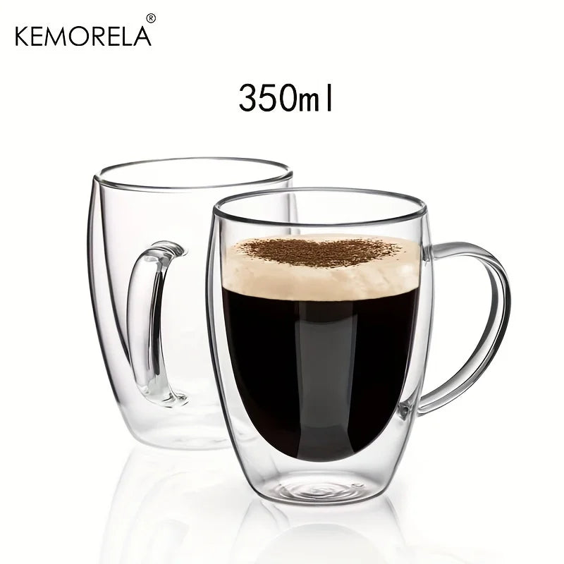 2/4/6 Tazas de café de cristal de doble pared de 350 ml con asa, taza de capuchino de cristal transparente para café, leche, té, zumo