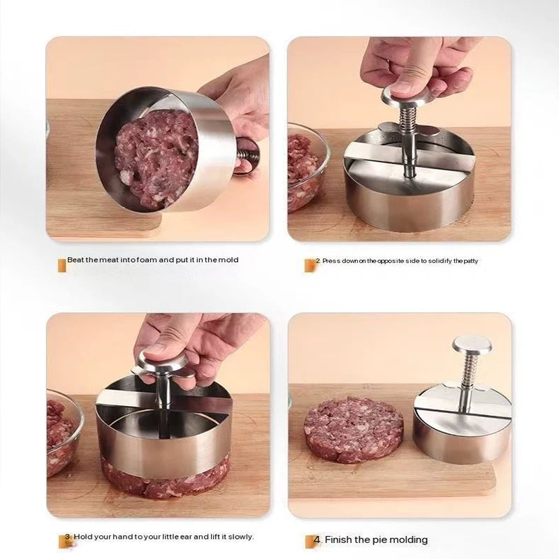 Prensa de carne de hamburguesa de acero inoxidable 304, moldeador de hamburguesas redondo antiadherente, grosor ajustable, herramienta de barbacoa de carne y arroz para picnic al aire libre/cocina