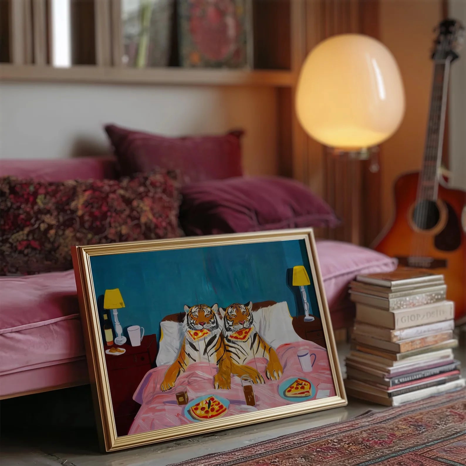 Cuadro de Arte de Pared Tigre Pizza: Arte de Pared Retro Decoración Dopamina, Impresión de Arte de Creatividad, Impresión Grande para el Hogar
