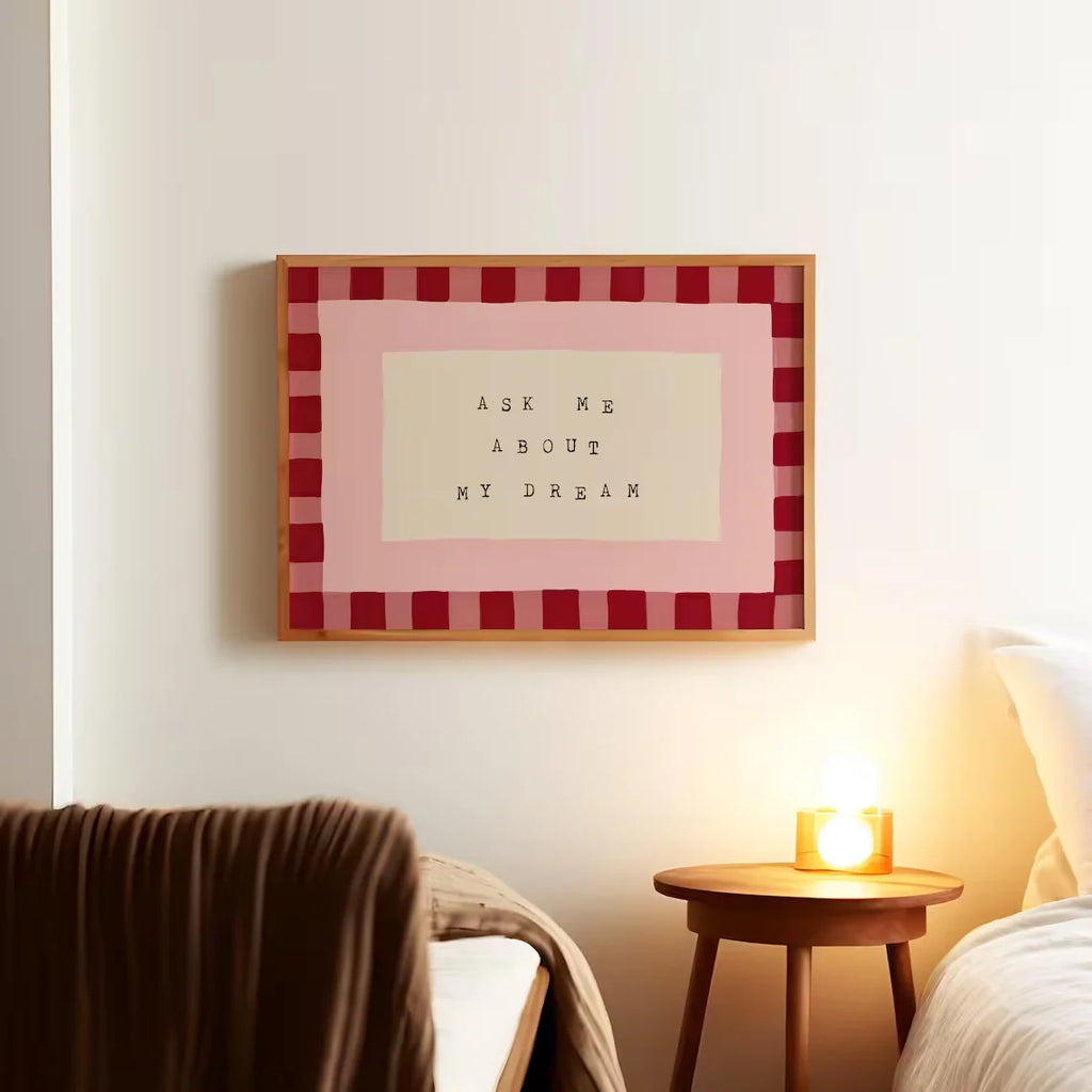 Arte de pared de dormitorio retro, arte de pared a cuadros, lámina de dormitorio de mediados de siglo, láminas de dormitorio, pregúntame sobre mi lámina de ensueño, arte de pared para