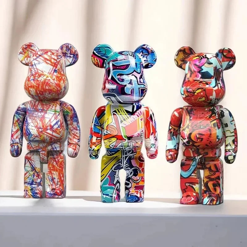 27cm/10 pouces Figurine d'ours Graffiti Décoration d'intérieur Animal Ornement Abstrait Pot de rangement d'argent Sculpture de chambre moderne Décor de table