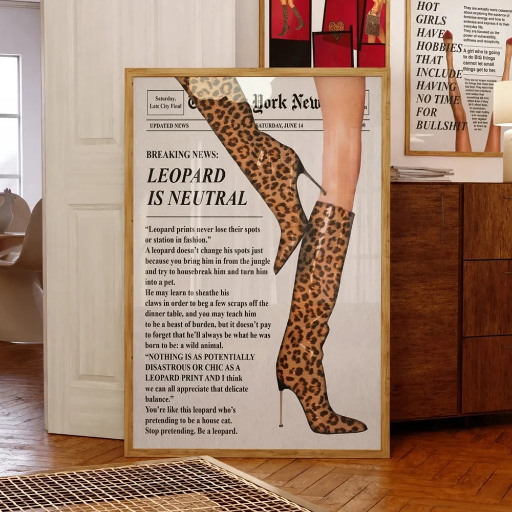 Modern Retro Newspaper Red Boots Fashion Leopard Boots Vintage Wall Art Canvas Painting Posters For Living Room Home Decor