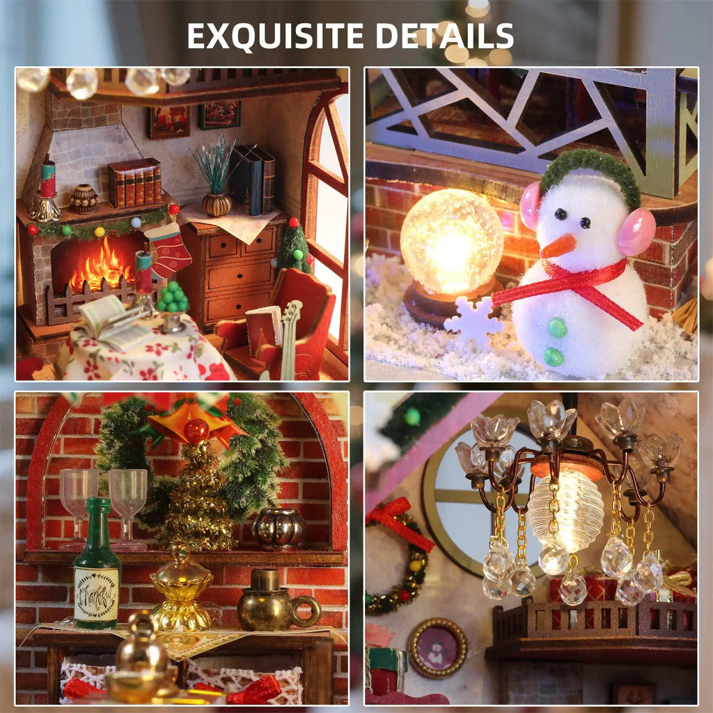 Christmas Night Warm House - Miniature Dollhouse DIY Kit with Music Box, Desktop Decor, Creative Gift (English Color Box)