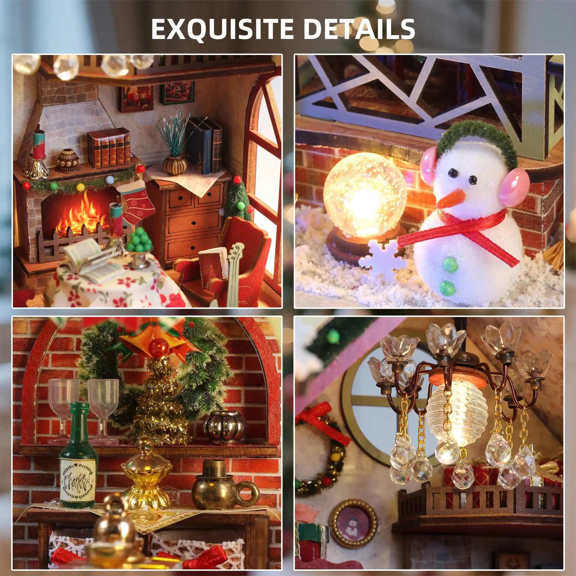 Christmas Night Warm House - Miniature Dollhouse DIY Kit with Music Box, Desktop Decor, Creative Gift (English Color Box)