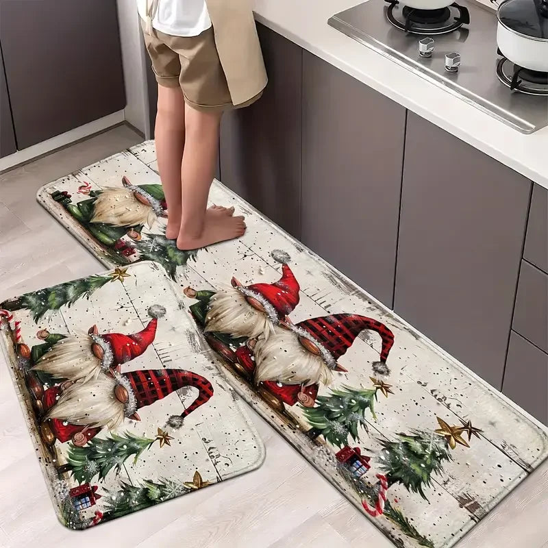 VIKAMA Lot de 2 tapis de Noël Père Noël à barbe blanche Tapis de cuisine Paillasson d'entrée Antidérapant Décoration festive pour la maison