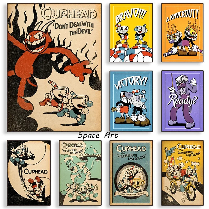 Clásico Retro Arte de Pared Juego Anime Cuphead Personajes de Caricatura Póster Impreso en Lienzo HD Decoración para el Hogar Sala de Estar Dormitorio