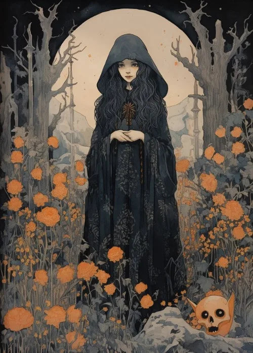 Estampa artística de bruja, bruja con luna llena, decoración de pared, pintura de brujas en la oscuridad, decoración de pared, póster de lienzo, decoración romántica oscura