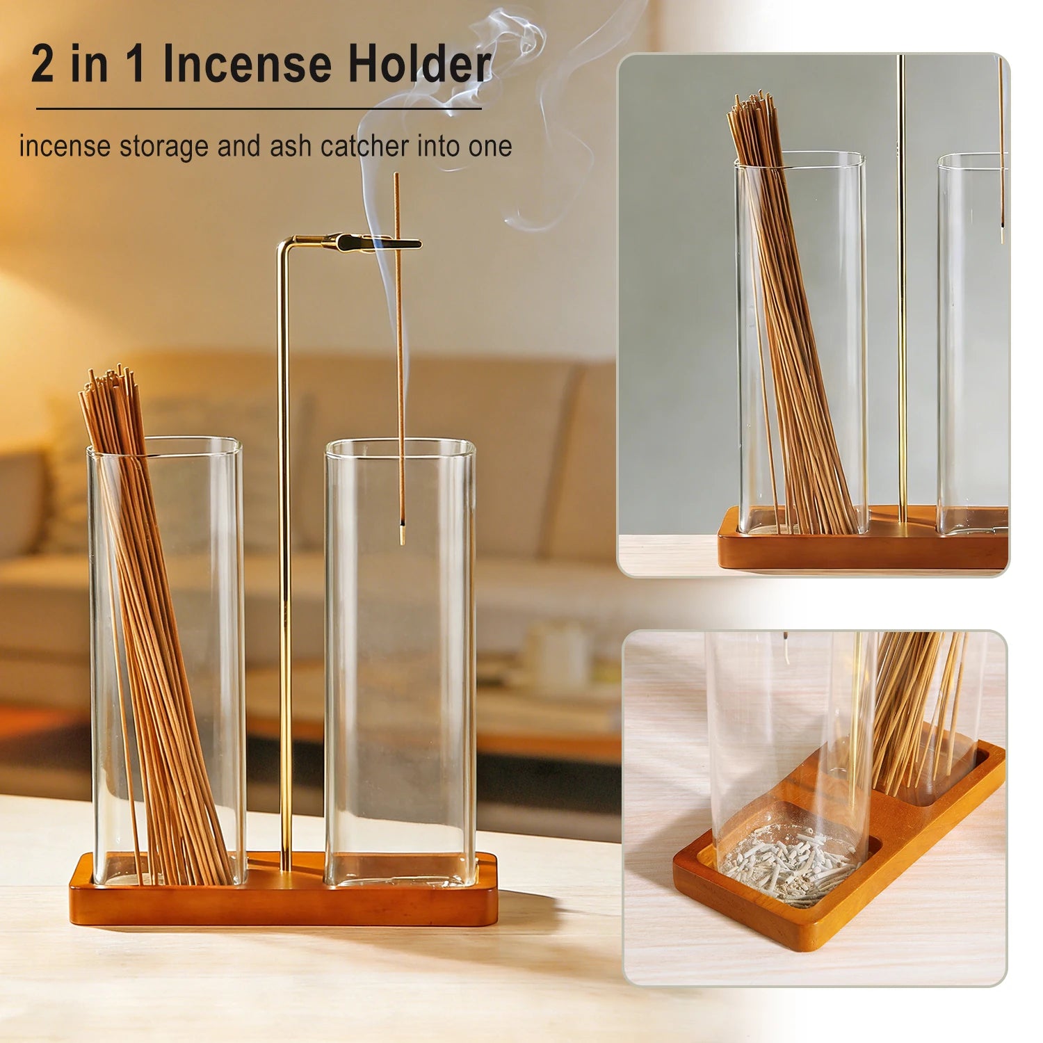 Soporte de incienso 2 en 1, soporte de incienso de vidrio invertido para varillas, quemador de incienso anti-ceniza con recogedor de cenizas y almacenamiento de incienso