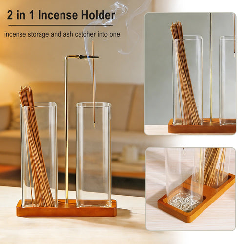 Soporte de incienso 2 en 1, soporte de incienso de vidrio invertido para varillas, quemador de incienso anti-ceniza con recogedor de cenizas y almacenamiento de incienso