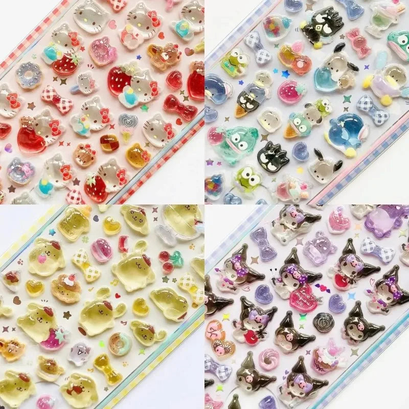 Autocollants 3D Sanrio Hellokitty Kuromi Cinnamoroll Mignons Anime Transparent Cristal Gelée Décoratifs pour Coque de Téléphone Bricolage Jouet pour Enfants