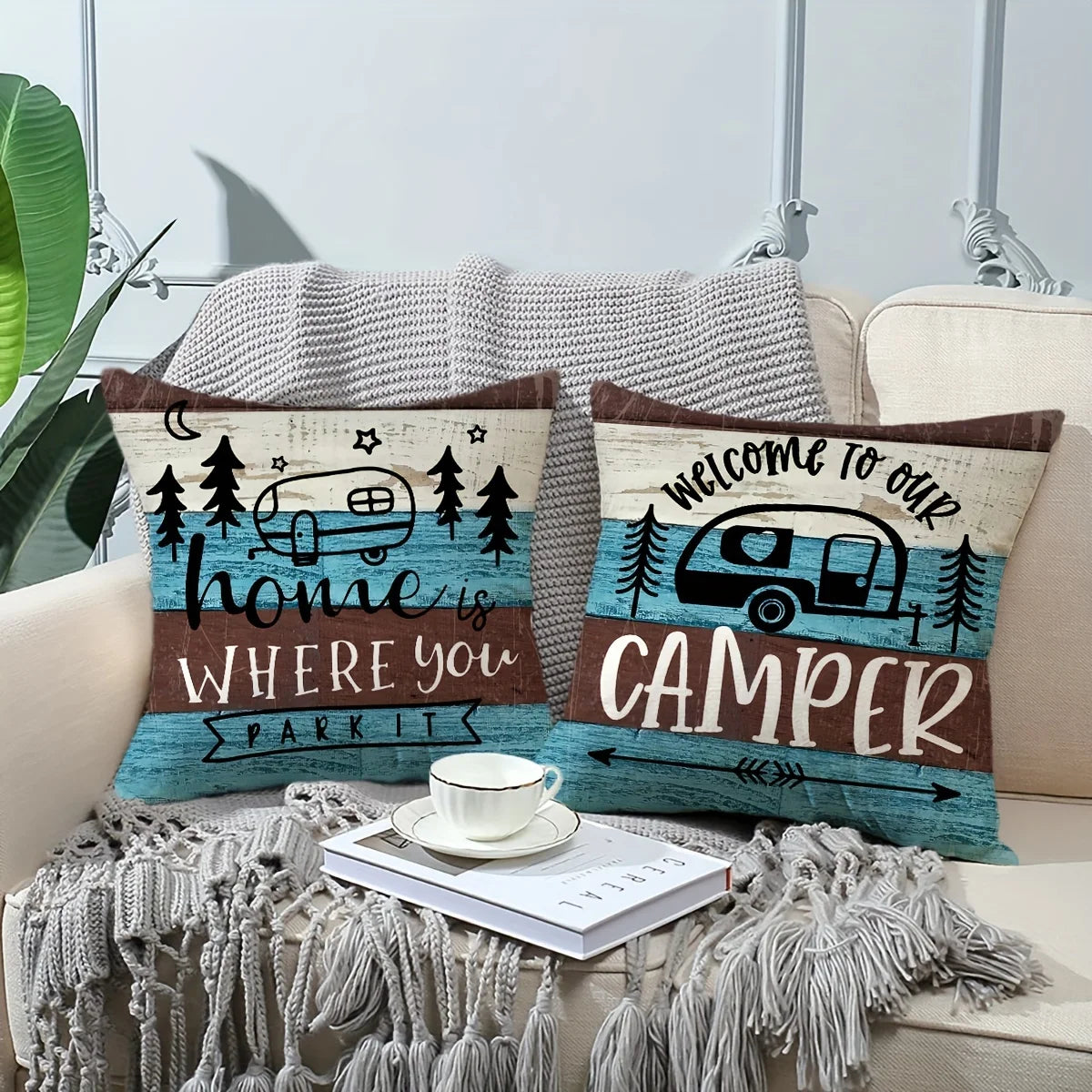 VIKAMA Funda de almohada con temática de camping, funda de cojín decorativa estilo campestre, para sofás, caravanas, campamentos, decoración del hogar del dormitorio