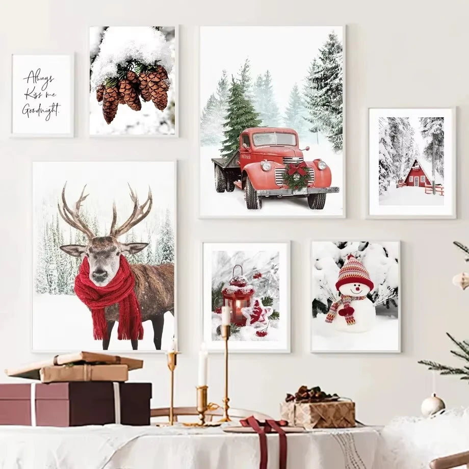 Pintura en lienzo de arte de pared con diseño de paisaje nevado de invierno, póster de Papá Noel de pino y alce e impresión para la decoración navideña del hogar y diseño de sala de estar
