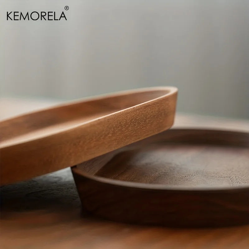 KEMORELA 1PCS Vajilla de madera maciza, plato de postre redondo, bandeja de madera de estilo japonés, plato para aperitivos, plato para frutas secas, plato de madera