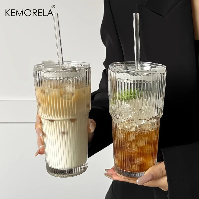 Vaso de café de cristal a rayas de 600 ml con tapa y vaso transparente sin pajita para zumo, café helado, tazas, vasos