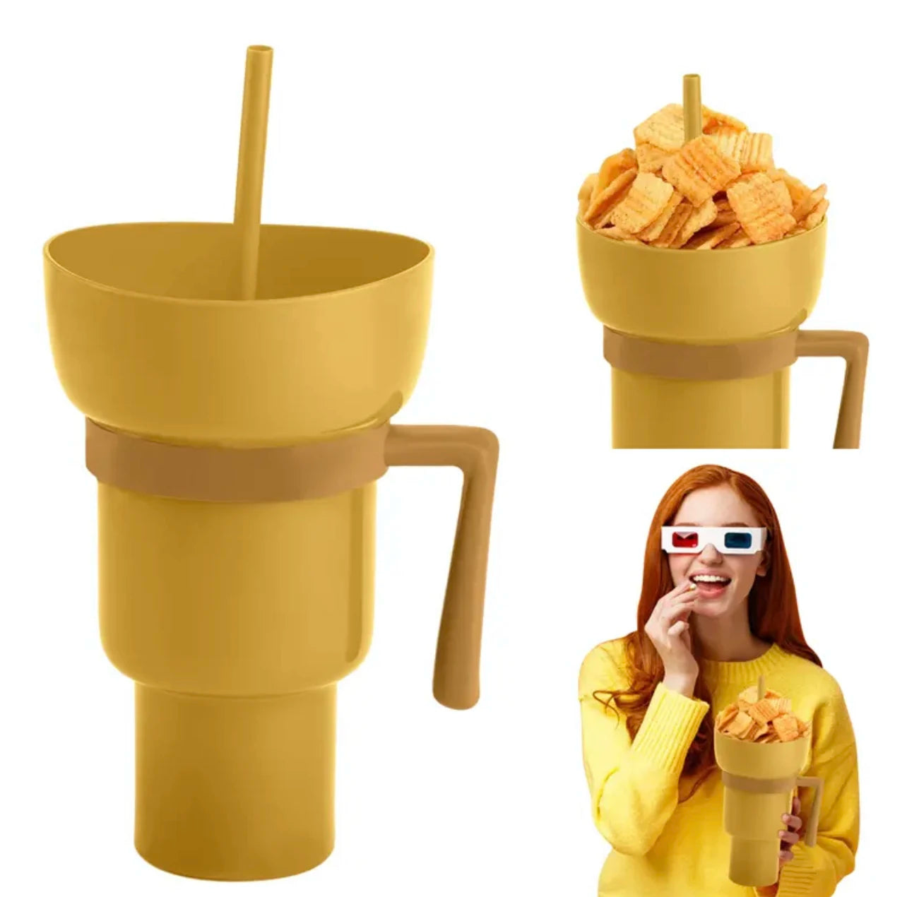 Nouvelle tasse à collation 2 EN 1 créative pour pop-corn, tasse à boisson intégrée avec poignée, tasse à boisson portable, design novateur et nombreuses fonctions