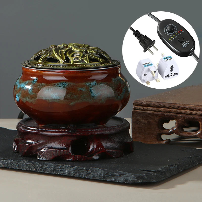 Quemador de incienso electrónico de 220 V, de cerámica, para aceites esenciales, con temporizador y temperatura ajustable, para sándalo y agarwood