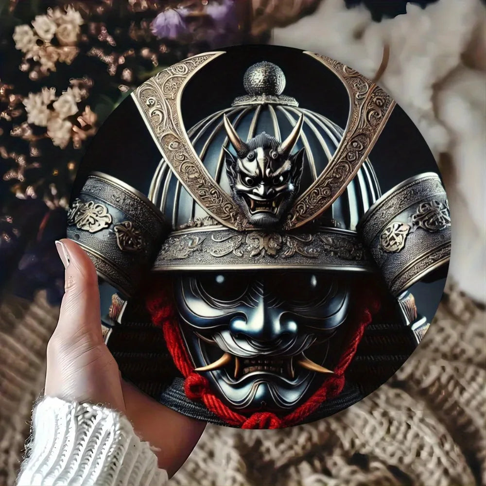 Letrero metálico redondo: Casco de samurái japonés (máscara de Oni) - Decoración de pared, dormitorio, cafetería, hogar y dormitorio universitario