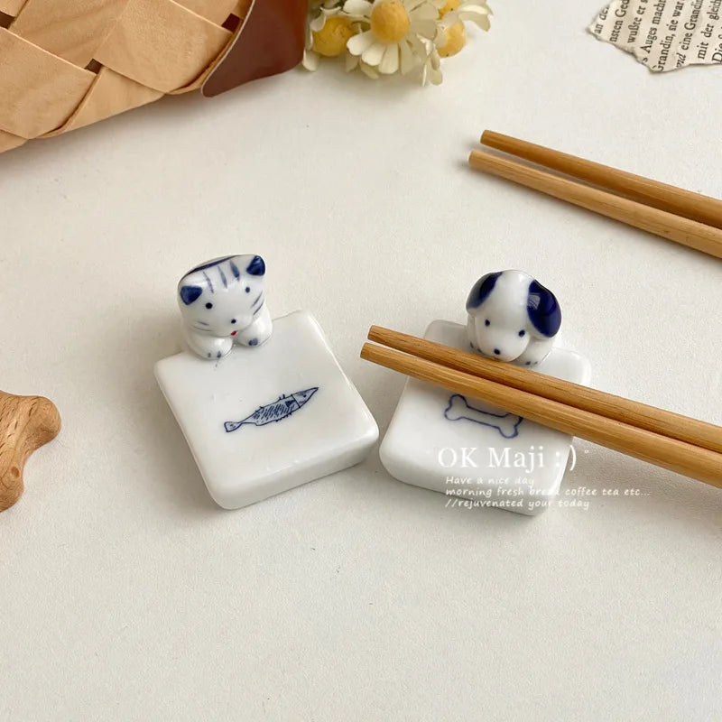 Porte-baguettes Kawaii Chat Chien en céramique, support pour couteau, cuillère, fourchette, vaisselle, porte-baguettes, décoration de table de salle à manger, fournitures de cuisine