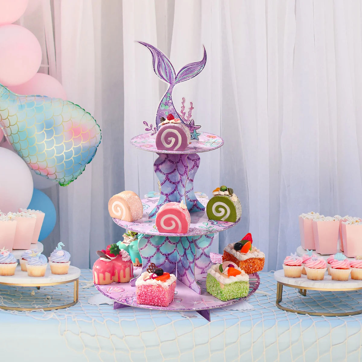 Soporte para Tartas de Sirena, Soporte para Cupcakes, Decoración de Fiesta de Cumpleaños de Sirena, Niña, La Sirenita, Baby Shower, Suministros para Fiesta Bajo el Mar