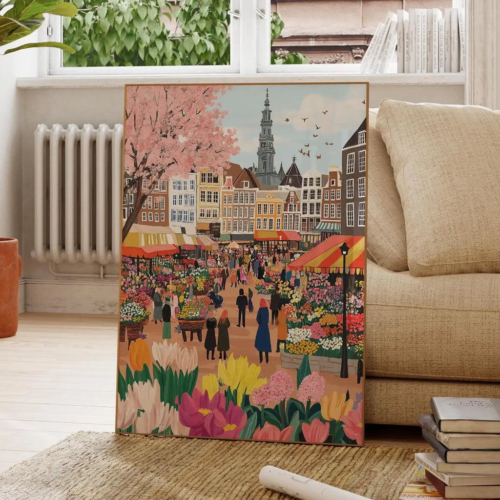 Mercado de flores de Ámsterdam Pintura a la acuarela, Arte de pared de Ámsterdam, Lámina de canales de Ámsterdam, Lámina de viaje de Países Bajos, Póster de ciudad, Nacimie