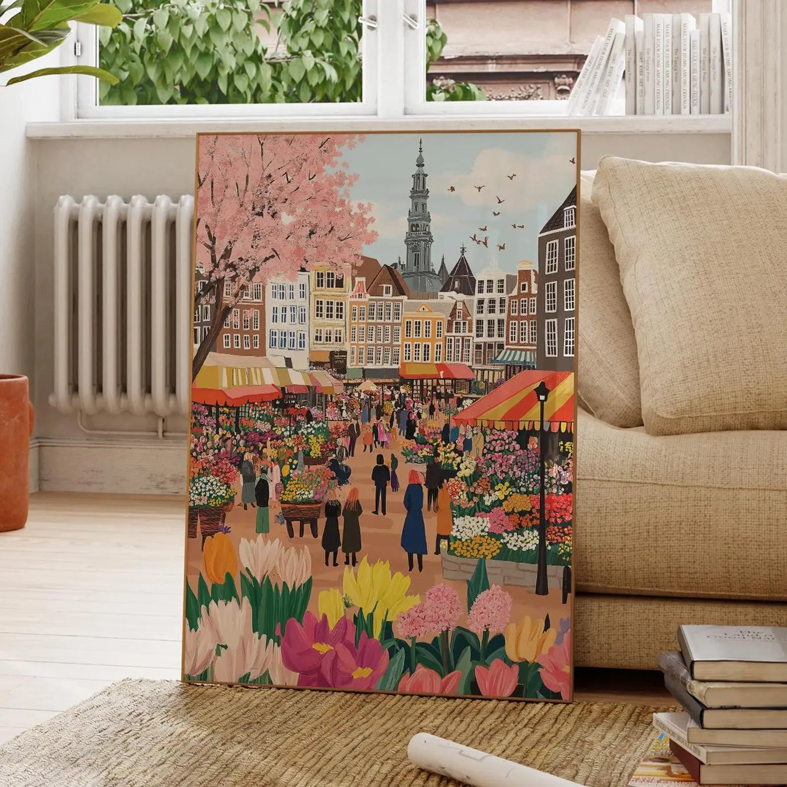Mercado de flores de Ámsterdam Pintura a la acuarela, Arte de pared de Ámsterdam, Lámina de canales de Ámsterdam, Lámina de viaje de Países Bajos, Póster de ciudad, Nacimie