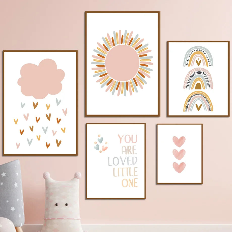 Niñas Ángel Kawaii Conejo Sol Arco Iris Nube Dibujos Animados Carteles Infantiles Pintura en Lienzo Impresión de Arte de Pared Imagen Decoración de Habitación de Bebés Niños