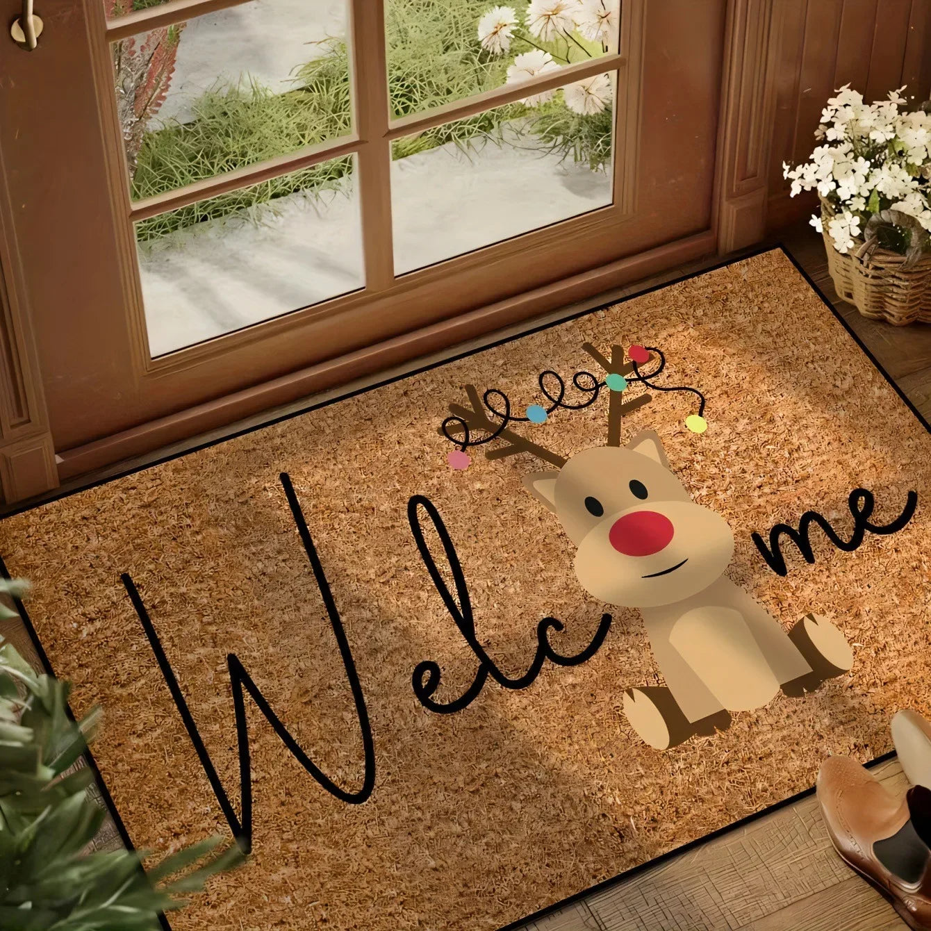 VIKAMA 2025 Felpudo de reno navideño Alfombra de cocina Alfombra de entrada interior exterior Decoración del hogar navideña Feliz Año Nuevo 2026