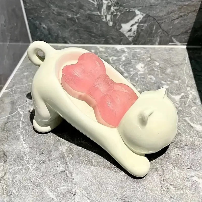 Porte-savon mignon en forme de chat de dessin animé avec drainage, support en plastique pour salle de bain, idéal pour le rangement de savon et d'éponges, porte-savon décoratif