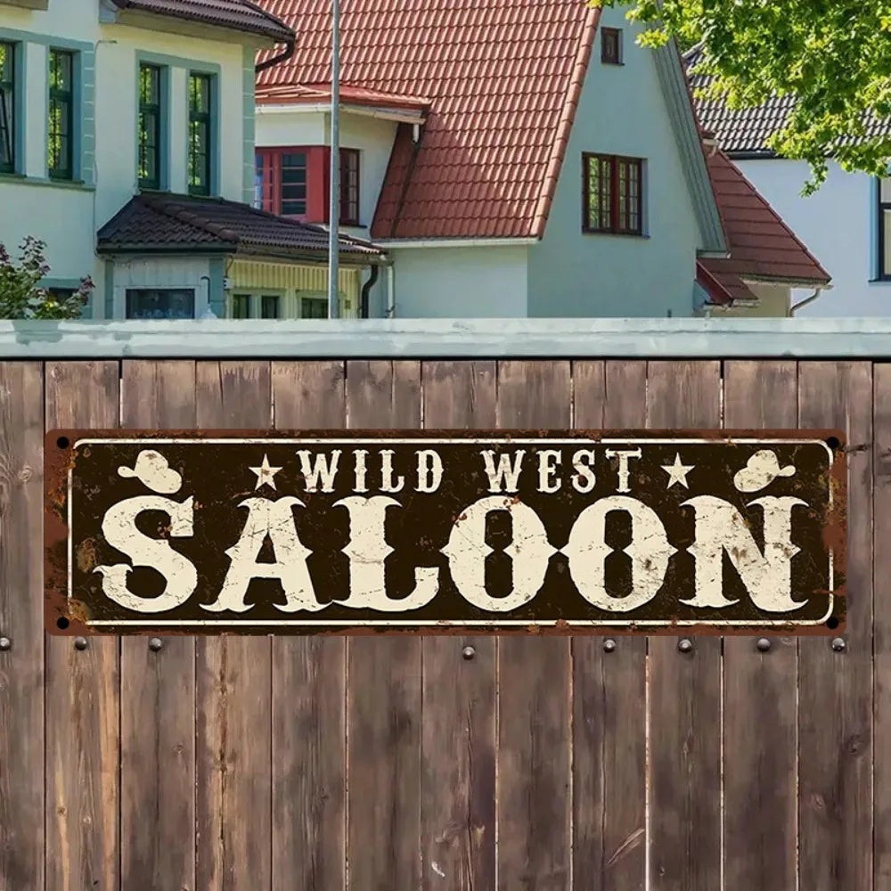 Letrero de metal vintage "Wild West Saloon" - 40x10 cm, decoración rústica de estrellas de vaquero, arte de bar para interiores y exteriores