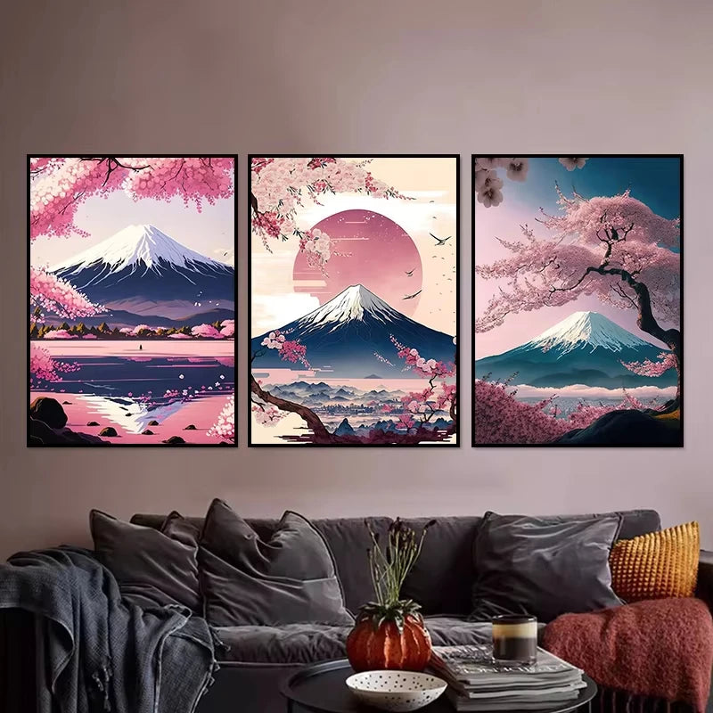 Affiche Scène de Tokyo Coucher de Soleil Mont Fuji Fleur de Cerisier Japonais Toile Imprimée HD Peinture Murale Photos Décoration Maison
