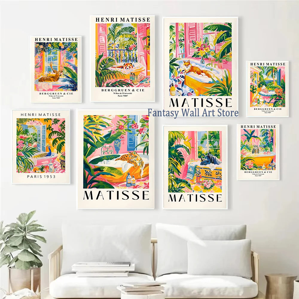 Matisse Animals in The Bathroom Poster Wild Animals Matisse Art Painting Wall Decor Colorful Wall Decoration Canvas Prints Gift