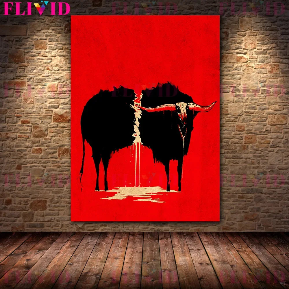 El lobo devora el cordero y el cuervo sangriento de la luna llena arte de pared vintage, animales de terror, póster e impresión de arte de minimalismo
