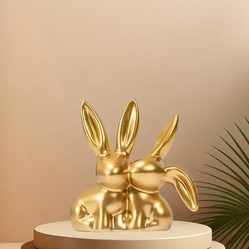 1 pieza Figura coleccionable, Adorno dorado de doble conejo lindo, artículo decorativo creativo para el escritorio del hogar.