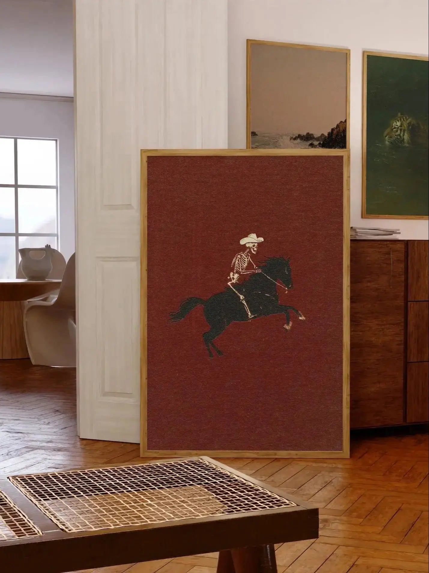 Ilustración de vaquero esqueleto Estampa de bronco salvaje Decoración de pared gótica Póster de caballo Arte peculiar Póster del Oeste Arte retro de rodeo Vaca