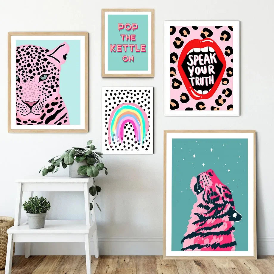 Léopard sauvage Tigre Arc-en-ciel Fille Puissance Lèvres Vase Fleur Art Mural Toile Peinture Affiche Nordique Image Murale Pour Décoration Salon