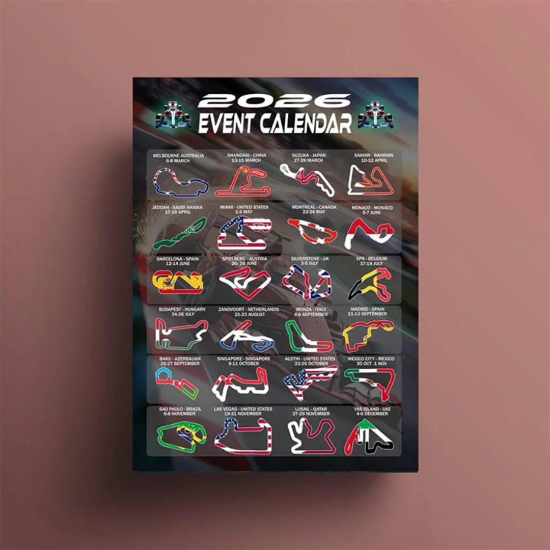 Cadeaux et Tentations 2026 Affiche du calendrier des événements de Formule Racing avec les tracés des pistes et les drapeaux nationaux, Impression d'art mural