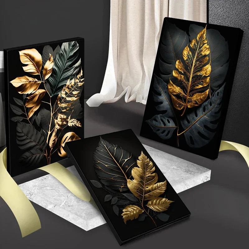 Nordic Abstract Wall Art Plants Modern Luxury Black and Gold Leaves HD Canvas Print Poster Home Living Room Bedroom Decoration