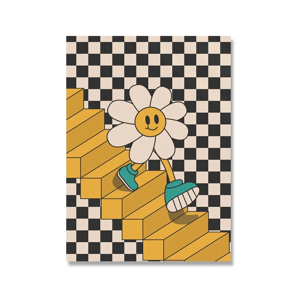 Classic Vintage Wall Art Laughing Smiling Flower Cartoon Funky Hippie HD Canvas Print Poster Home Living Room Bedroom Decoration