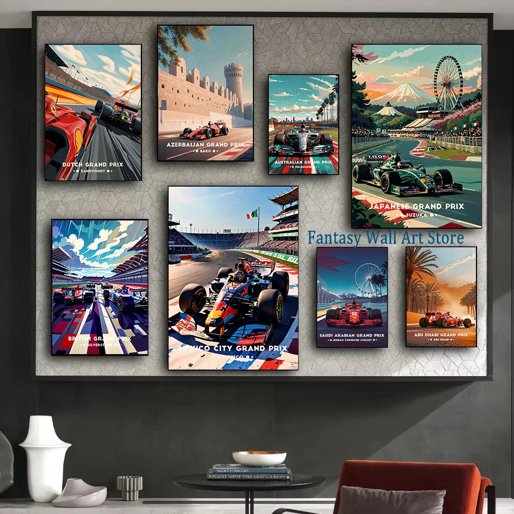 Póster icónico de Fórmula 1 Racing Grand Prix, coches F1, decoración estética de pared, aficionados a los coches de carreras, lienzo para pared de casa o habitación