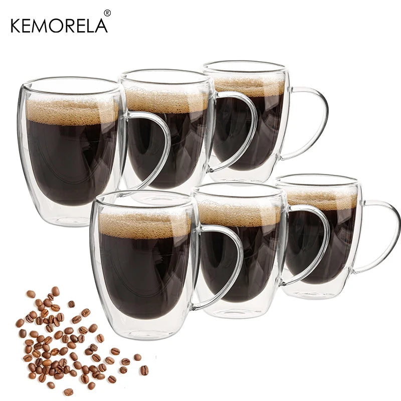 2/4/6 Tazas de café de cristal de doble pared de 350 ml con asa, taza de capuchino de cristal transparente para café, leche, té, zumo
